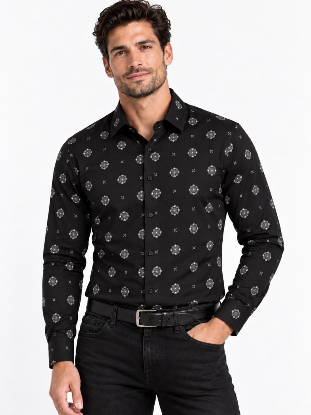 Express Men’s Slim Fit Black Medallion Print Button Down Shirt Tall M